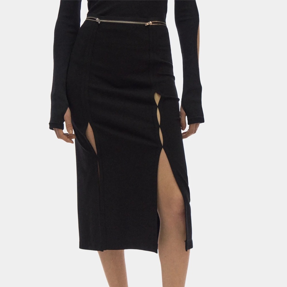 HELMUT LANG BLACK DETAIL CUT OUT ZIPPER SLIT MIDI SKIRT